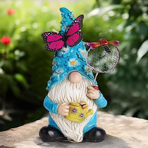 Foreby Garden Gnome Statues Outdoor Decor Solar Gnomes with Butterfly on LED Lighted Flowers, Resin Blue Gnomes Sculpture for Patio Yard Lawn Onament Decoration - Image 5