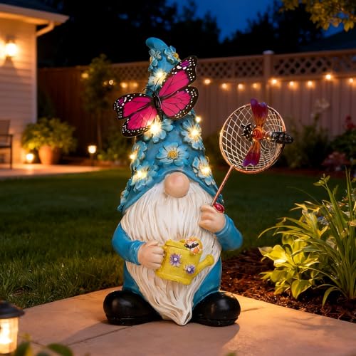 Foreby Garden Gnome Statues Outdoor Decor Solar Gnomes with Butterfly on LED Lighted Flowers, Resin Blue Gnomes Sculpture for Patio Yard Lawn Onament Decoration - Image 2