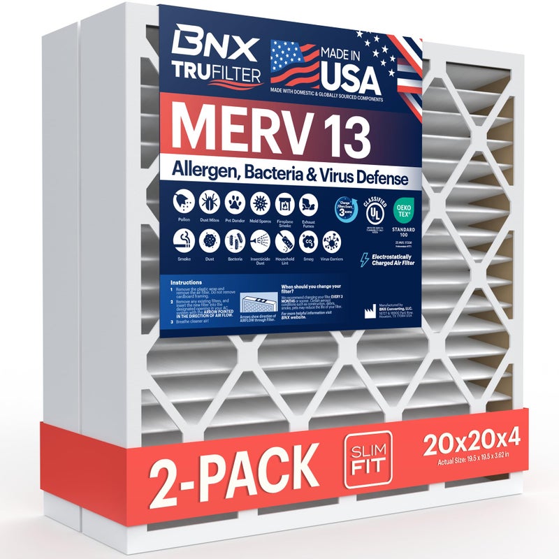 BNX TruFilter 20x20x4 195 x 195 x 363 Slim Fit MERV 13 Air Filter 2Pack MADE IN USA Air Conditioner HVAC AC Furnace Filters Health Allergies Mold Bacteria Smoke MPR 1900 FPR 10