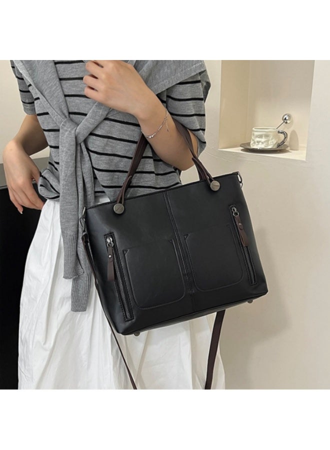Leather Tote Bag for Women, Large Capacity Commuter Shoulder Bag with Adjustable Crossbody Strap, Black - Image 3