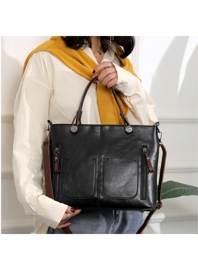 Leather Tote Bag for Women, Large Capacity Commuter Shoulder Bag with Adjustable Crossbody Strap, Black - Image 5