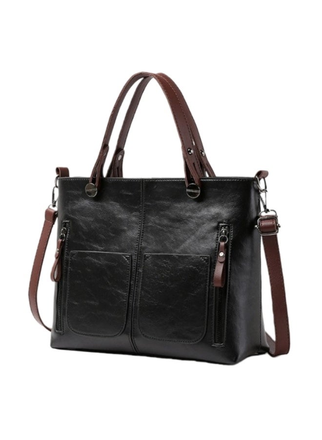 Leather Tote Bag for Women, Large Capacity Commuter Shoulder Bag with Adjustable Crossbody Strap, Black - Image 1