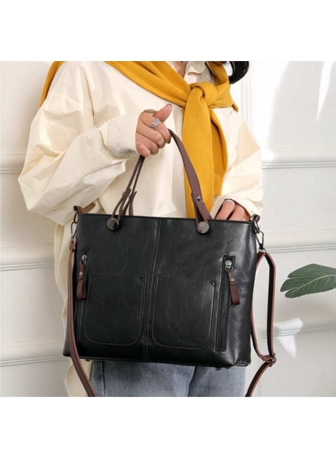 Leather Tote Bag for Women, Large Capacity Commuter Shoulder Bag with Adjustable Crossbody Strap, Black - Image 2