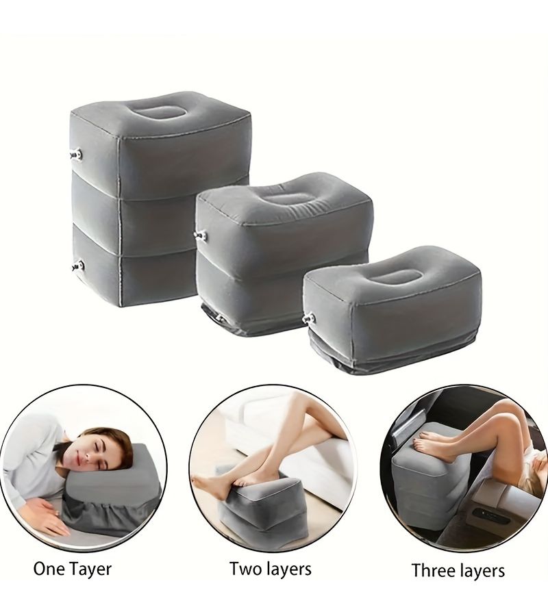 Grey 3 Layer Adjustable Inflatable Ergonomic Folding Foot Rest Pillow with Storage Bag - Image 1