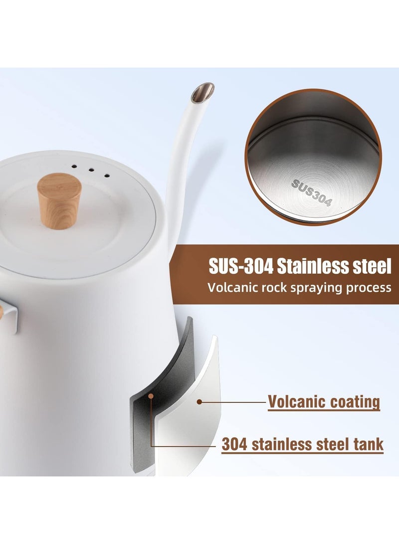 TOMSHOO غلاية كهربائية على شكل عنق الإوزة للتحكم في درجة الحرارة 0.8 لتر، 4 أوضاع لصب القهوة والشاي بمقبض خشبي، بطانة داخلية من الفولاذ المقاوم للصدأ بنسبة 100% مع تصميم مقاوم للتسرب، تسخين سريع بقوة 1000 وات، تحكم ذكي، أبيض - Image 2