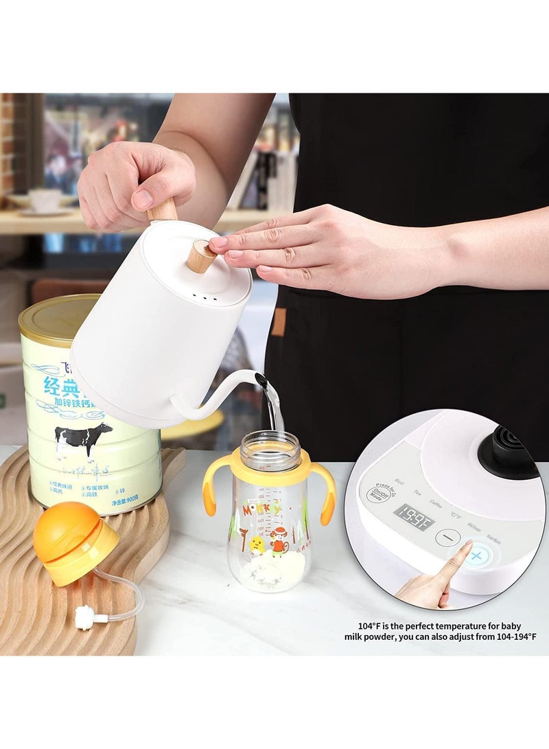 TOMSHOO غلاية كهربائية على شكل عنق الإوزة للتحكم في درجة الحرارة 0.8 لتر، 4 أوضاع لصب القهوة والشاي بمقبض خشبي، بطانة داخلية من الفولاذ المقاوم للصدأ بنسبة 100% مع تصميم مقاوم للتسرب، تسخين سريع بقوة 1000 وات، تحكم ذكي، أبيض - Image 3