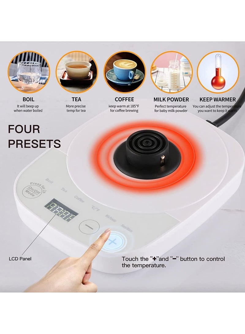 TOMSHOO غلاية كهربائية على شكل عنق الإوزة للتحكم في درجة الحرارة 0.8 لتر، 4 أوضاع لصب القهوة والشاي بمقبض خشبي، بطانة داخلية من الفولاذ المقاوم للصدأ بنسبة 100% مع تصميم مقاوم للتسرب، تسخين سريع بقوة 1000 وات، تحكم ذكي، أبيض - Image 5