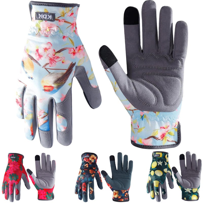 KDK قفازات حديقة KDK للنساء، قفازات حديقة مرنة وقابلة للتنفس، قفازات عمل جلدية للزراعة، الحفر والتقليم (M-Birds) - Image 5
