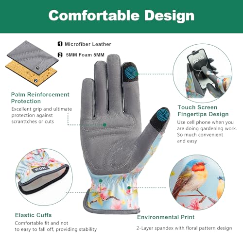 KDK قفازات حديقة KDK للنساء، قفازات حديقة مرنة وقابلة للتنفس، قفازات عمل جلدية للزراعة، الحفر والتقليم (M-Birds) - Image 4