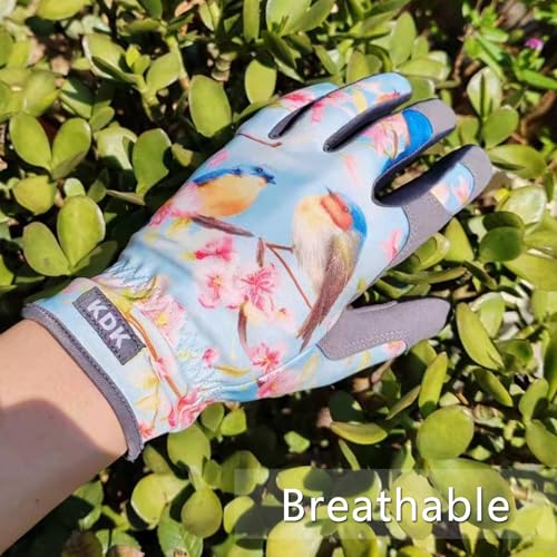 KDK قفازات حديقة KDK للنساء، قفازات حديقة مرنة وقابلة للتنفس، قفازات عمل جلدية للزراعة، الحفر والتقليم (M-Birds) - Image 2