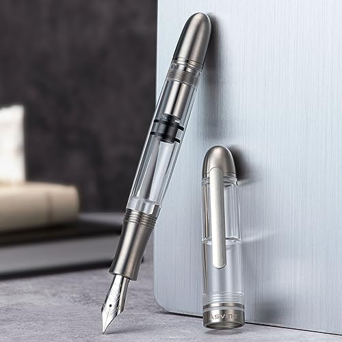 Asvine P36 Titanium Fountain Pen Clear Transparent Acrylic Piston Filling Pen, Bock Broad Nib Smooth Writing Pen Case Set - Image 1