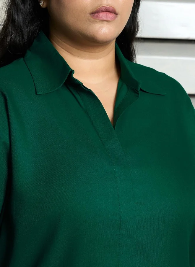 HIGH STAR Women's Green Rayon Solid Pattern Button Down Relaxed Shirt