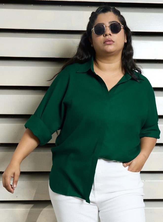 HIGH STAR Women's Green Rayon Solid Pattern Button Down Relaxed Shirt  - Image 2