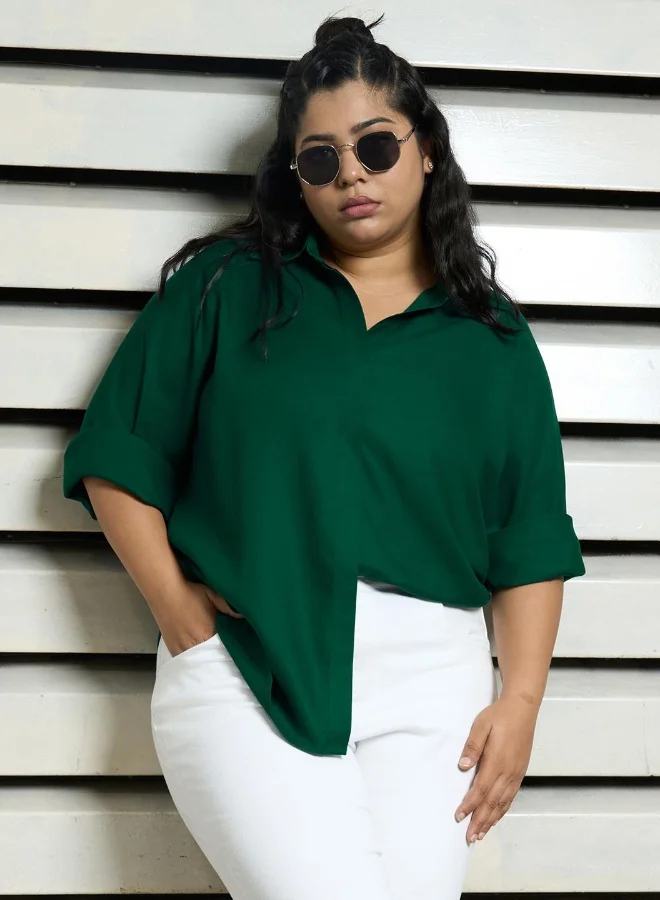 HIGH STAR Women's Green Rayon Solid Pattern Button Down Relaxed Shirt