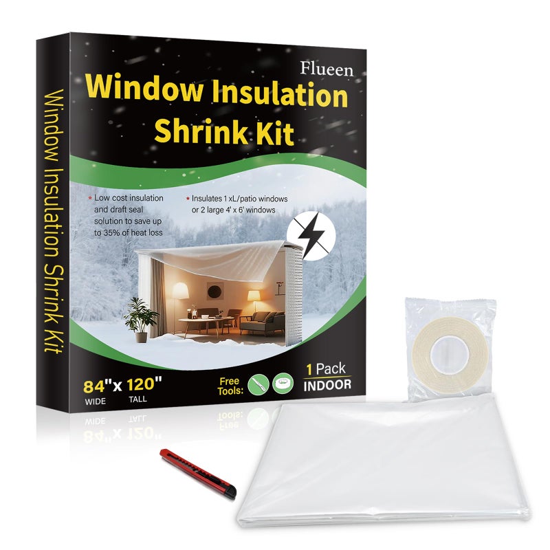 Flueen Large Patio Door Shrink Film Window Insulation Kit Cuttable with AdhesiveTransparent,Window Plastic for Winterizing Thicken Thermal Waterproof Insulation Cover Warm Winter (1Pack, 84"W x 120"T) - Image 1