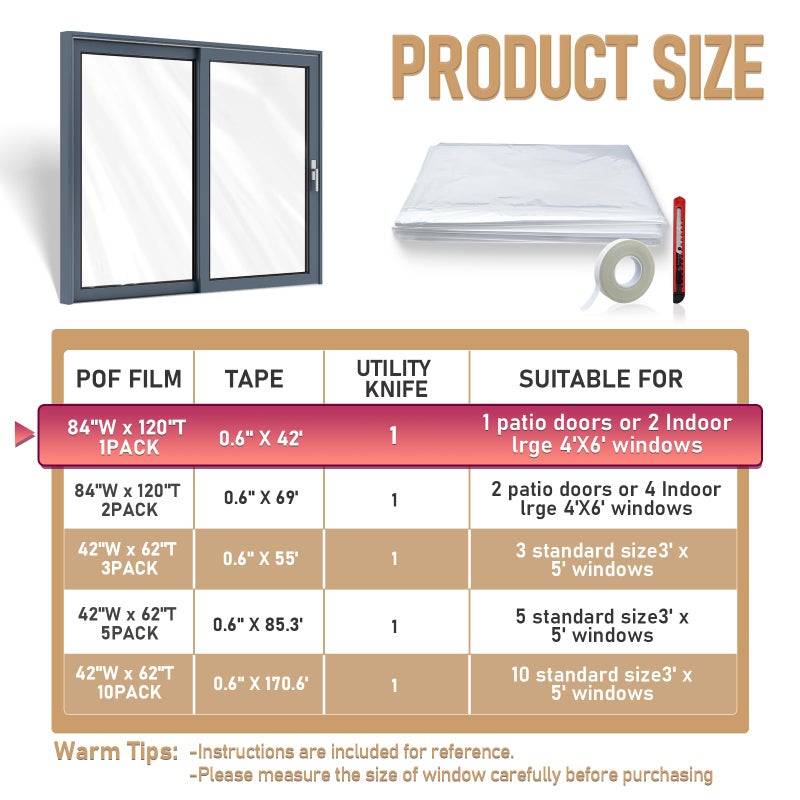 Flueen Large Patio Door Shrink Film Window Insulation Kit Cuttable with AdhesiveTransparent,Window Plastic for Winterizing Thicken Thermal Waterproof Insulation Cover Warm Winter (1Pack, 84"W x 120"T) - Image 3