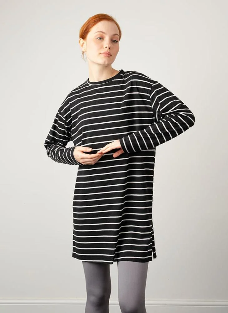 Por La Cara By Modanisa Striped Combed Cotton Tunic Black