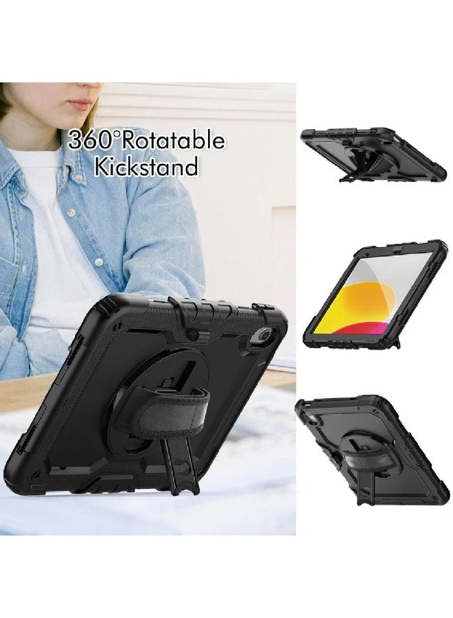 زومي غطاء iPad الجيل العاشر مع واقي شاشة مدمج، غطاء مقاوم للصدمات ومتينة مع حامل قلم، حزام كتف وحزام يد دوار/حامل لجهاز iPad 10.9" الجيل العاشر 2022، أسود - Image 4