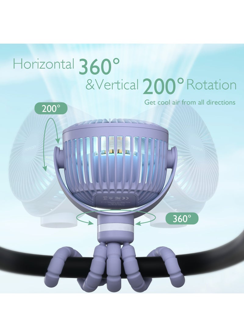 Portable Stroller Fan, 27H Ultra-long Battery Life, Detachable 4 Speed 360°Rotate, LED Night Light with 2 Modes, USB Rechargeable and Handheld Cooling Fan for Travel, Car Seat, Bedroom