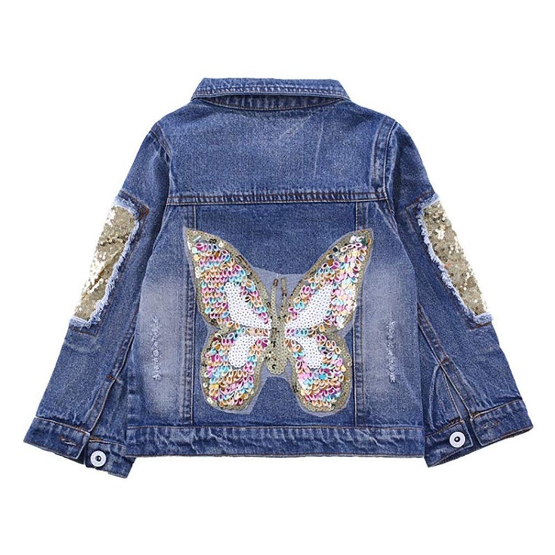 Peacolate 310Years Little Big Girls Spring Autumn Embroidered Paillette Sequins Butterfly Denim Jacket Kids Top Butterfly67Years