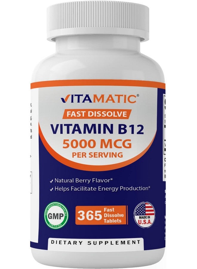 Vitamatic فيتامين B12 5000 ميكروغرام لكل حصة ذوبان سريع 365 قرص بنكهة التوت يدعم عملية الأيض للطاقة - Image 1