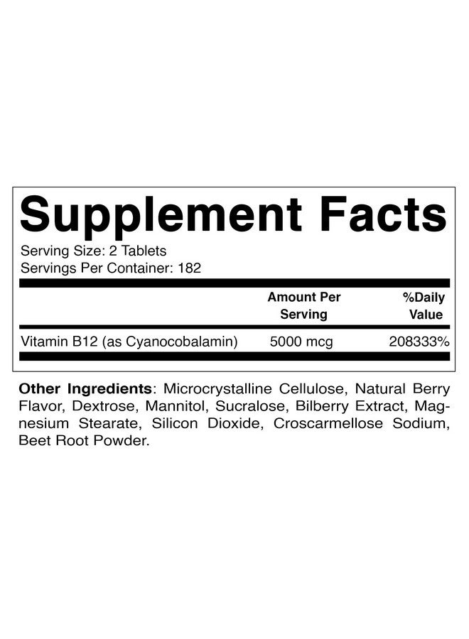 Vitamatic فيتامين B12 5000 ميكروغرام لكل حصة ذوبان سريع 365 قرص بنكهة التوت يدعم عملية الأيض للطاقة - Image 2