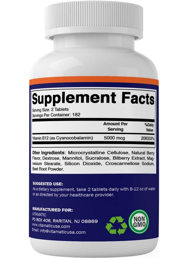 Vitamatic فيتامين B12 5000 ميكروغرام لكل حصة ذوبان سريع 365 قرص بنكهة التوت يدعم عملية الأيض للطاقة - Image 5