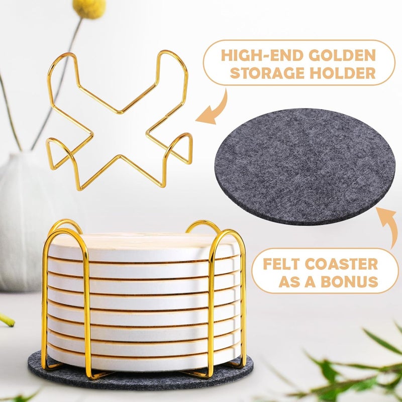 GOH DODD Coasters for Drinks Set of 4, Absorbent Marble Style Ceramic Coaster Cup Coasters Tabletop Protection Home Decor with Metal Holder for Housewarming Gifts Wedding Party, Beige, Round, 4 Inch - Image 5