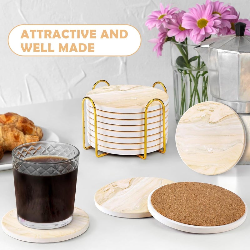 GOH DODD Coasters for Drinks Set of 4, Absorbent Marble Style Ceramic Coaster Cup Coasters Tabletop Protection Home Decor with Metal Holder for Housewarming Gifts Wedding Party, Beige, Round, 4 Inch - Image 2