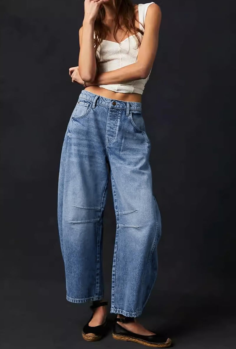 loveimgs Womens Stretchy Mid Rise Barrel Jeans Vintage Loose Wide Leg Cropped Denim Pants Y2k Baggy Boyfriend Jeans (Small,Blue) - Image 2