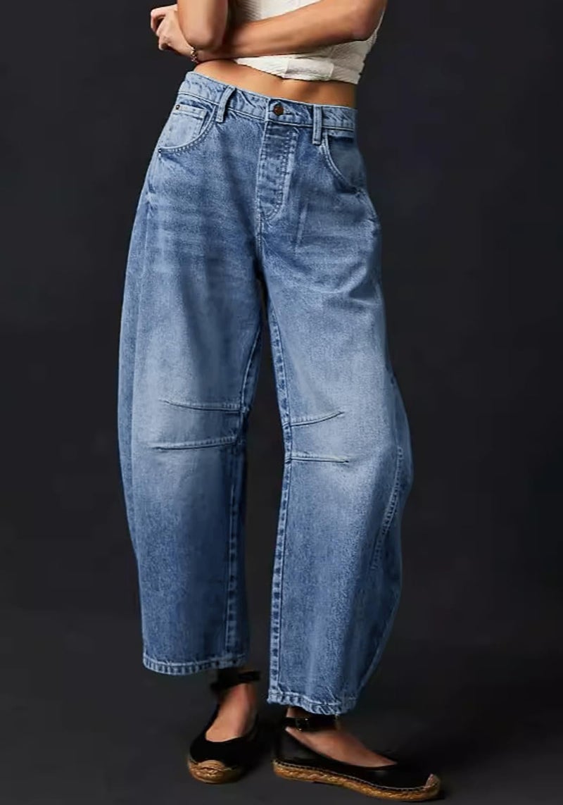 loveimgs Womens Stretchy Mid Rise Barrel Jeans Vintage Loose Wide Leg Cropped Denim Pants Y2k Baggy Boyfriend Jeans (Small,Blue) - Image 4