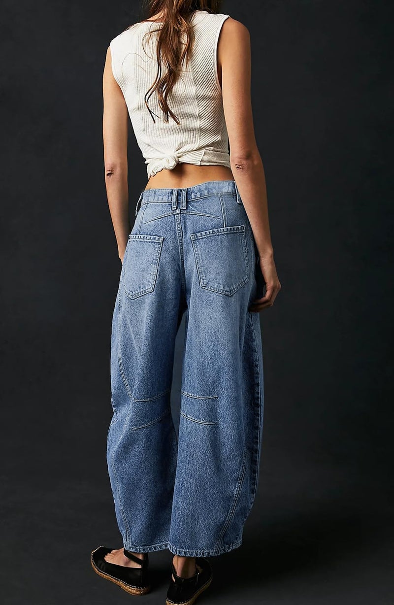 loveimgs Womens Stretchy Mid Rise Barrel Jeans Vintage Loose Wide Leg Cropped Denim Pants Y2k Baggy Boyfriend Jeans (Small,Blue) - Image 3