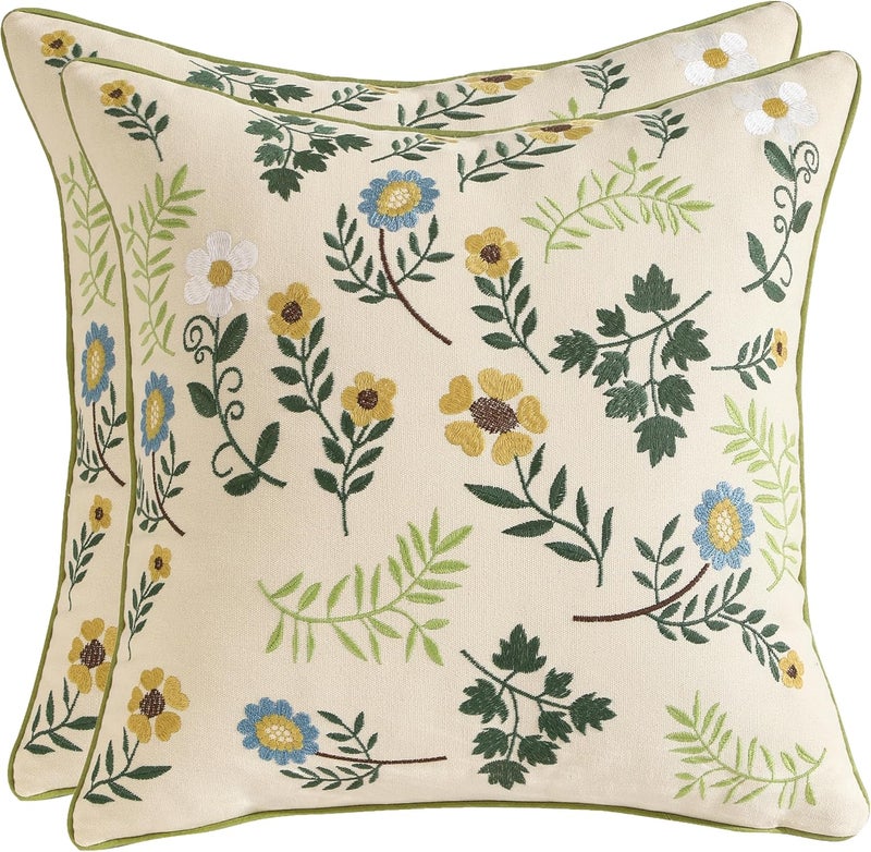 Tosleo أغطية وسائد ديكورية من مقاس 18x18 بوصة، مجموعة من 2، أغطية وسائد مطرزة، أغطية وسائد ريفية، ديكور منزلي بوهيمي، أغطية وسائد مربعة زهرية (زهرة صغيرة مكسرة) - Image 1
