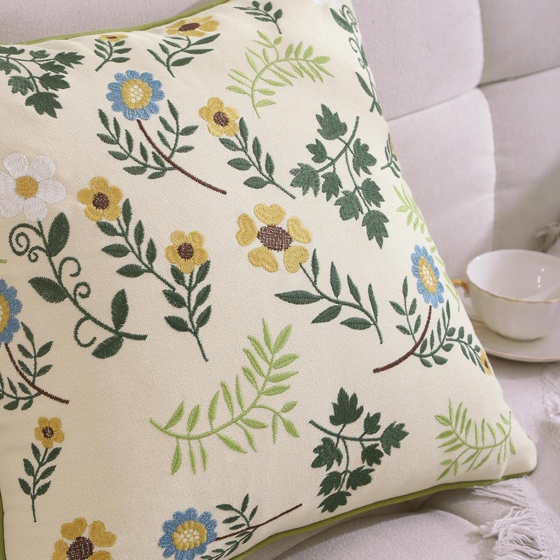 Tosleo أغطية وسائد ديكورية من مقاس 18x18 بوصة، مجموعة من 2، أغطية وسائد مطرزة، أغطية وسائد ريفية، ديكور منزلي بوهيمي، أغطية وسائد مربعة زهرية (زهرة صغيرة مكسرة) - Image 4