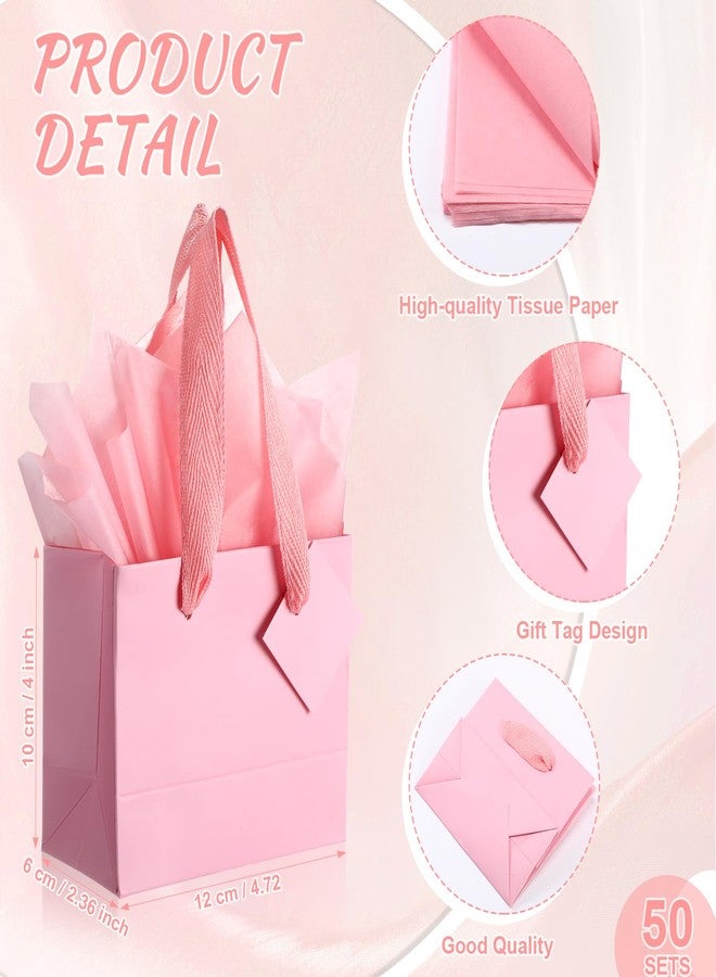 Qilery 50 Pcs Valentine Mini Paper Gift Bags Bulk with Tissue Paper Small Gift Bags with Handle and Tags for Birthday Wedding Galentine Mothers' Day Party Business(Pink,4.7 x 2.4 x 3.9'') - Image 2