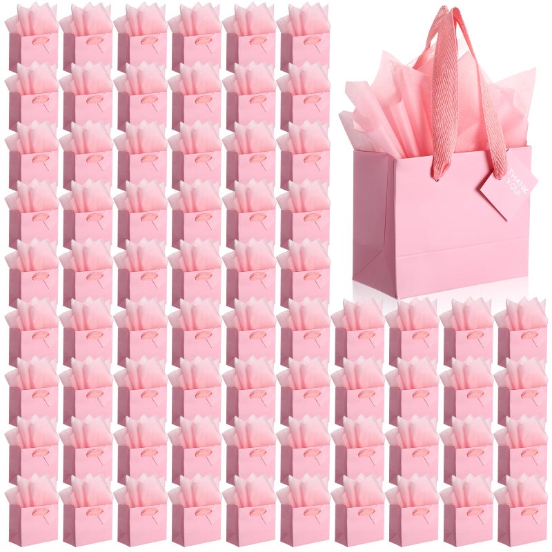 Qilery 50 Pcs Valentine Mini Paper Gift Bags Bulk with Tissue Paper Small Gift Bags with Handle and Tags for Birthday Wedding Galentine Mothers' Day Party Business(Pink,4.7 x 2.4 x 3.9'') - Image 1