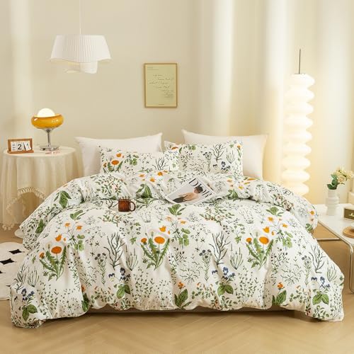 ECOCOTT Floral Duvet Cover Sets Queen Size,3 Pieces 100% Natural Cotton Floral Pattern 1 Duvet Cover with Zipper and 2 Pillowcases, Ultra Soft and Easy Care Breathable Cozy Simple Style Bedding Set - Image 1