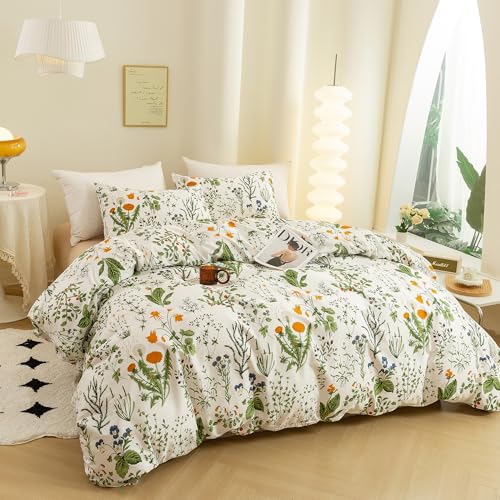 ECOCOTT Floral Duvet Cover Sets Queen Size,3 Pieces 100% Natural Cotton Floral Pattern 1 Duvet Cover with Zipper and 2 Pillowcases, Ultra Soft and Easy Care Breathable Cozy Simple Style Bedding Set - Image 3