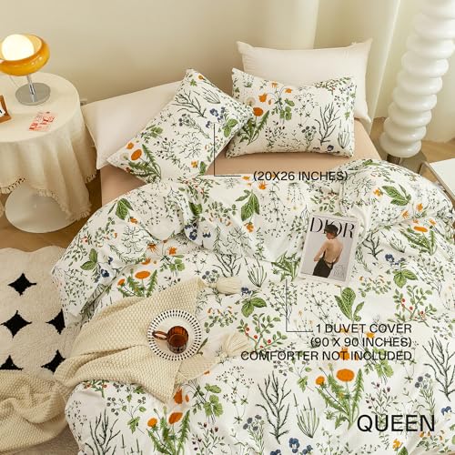 ECOCOTT Floral Duvet Cover Sets Queen Size,3 Pieces 100% Natural Cotton Floral Pattern 1 Duvet Cover with Zipper and 2 Pillowcases, Ultra Soft and Easy Care Breathable Cozy Simple Style Bedding Set - Image 2