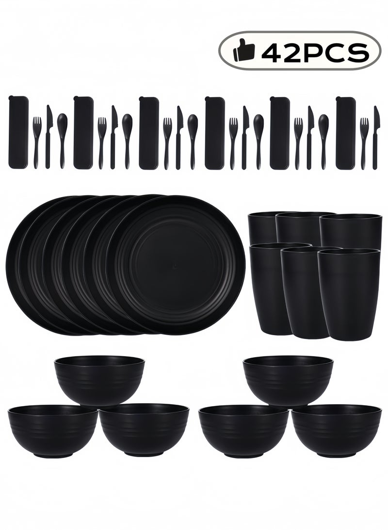 nihao طقم عشاء مكون من 42 قطعة، أطباق 6 بوصات من قش القمح، أطباق دائرية 9 بوصات، طبق مربع 5.5 بوصات، أكواب 3.15 بوصات، أدوات مائدة، طقم أدوات مائدة، خدمة لـ 8 أشخاص، أطباق عشاء، طبق حلوى، أطباق حبوب، أكواب، أطباق بلاستيكية ملونة غير قابلة للكسر للتخييم في الهواء الطلق، أسود ساحلي - Image 1