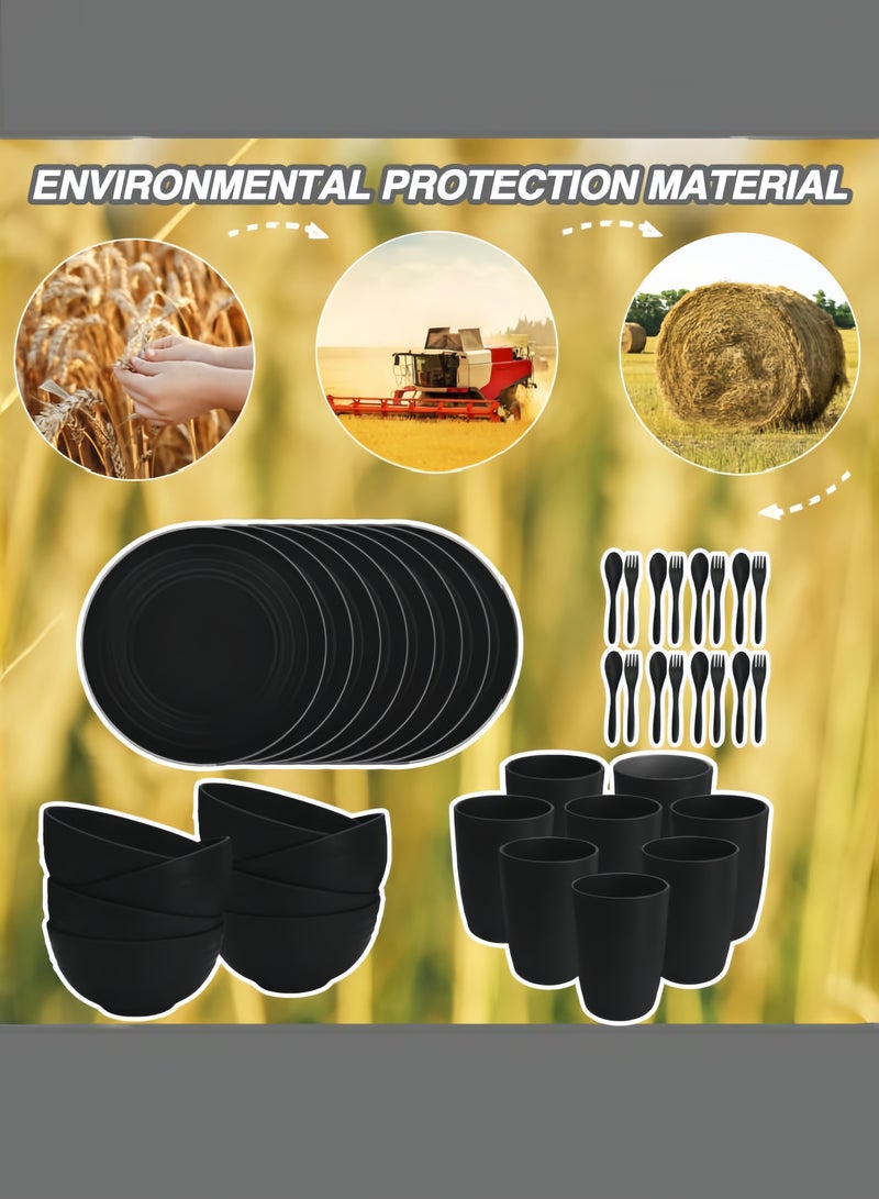 nihao طقم عشاء مكون من 42 قطعة، أطباق 6 بوصات من قش القمح، أطباق دائرية 9 بوصات، طبق مربع 5.5 بوصات، أكواب 3.15 بوصات، أدوات مائدة، طقم أدوات مائدة، خدمة لـ 8 أشخاص، أطباق عشاء، طبق حلوى، أطباق حبوب، أكواب، أطباق بلاستيكية ملونة غير قابلة للكسر للتخييم في الهواء الطلق، أسود ساحلي - Image 2