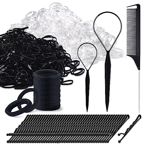 1000Pcs Elastic Hair Ties IKOCO Small Rubber Bands for Girls Including 500 Clear and 500 Black Elastics 2 Topsy Tail Tools 40pcs Bobby Pins 10 Black Ties and 1 Comb