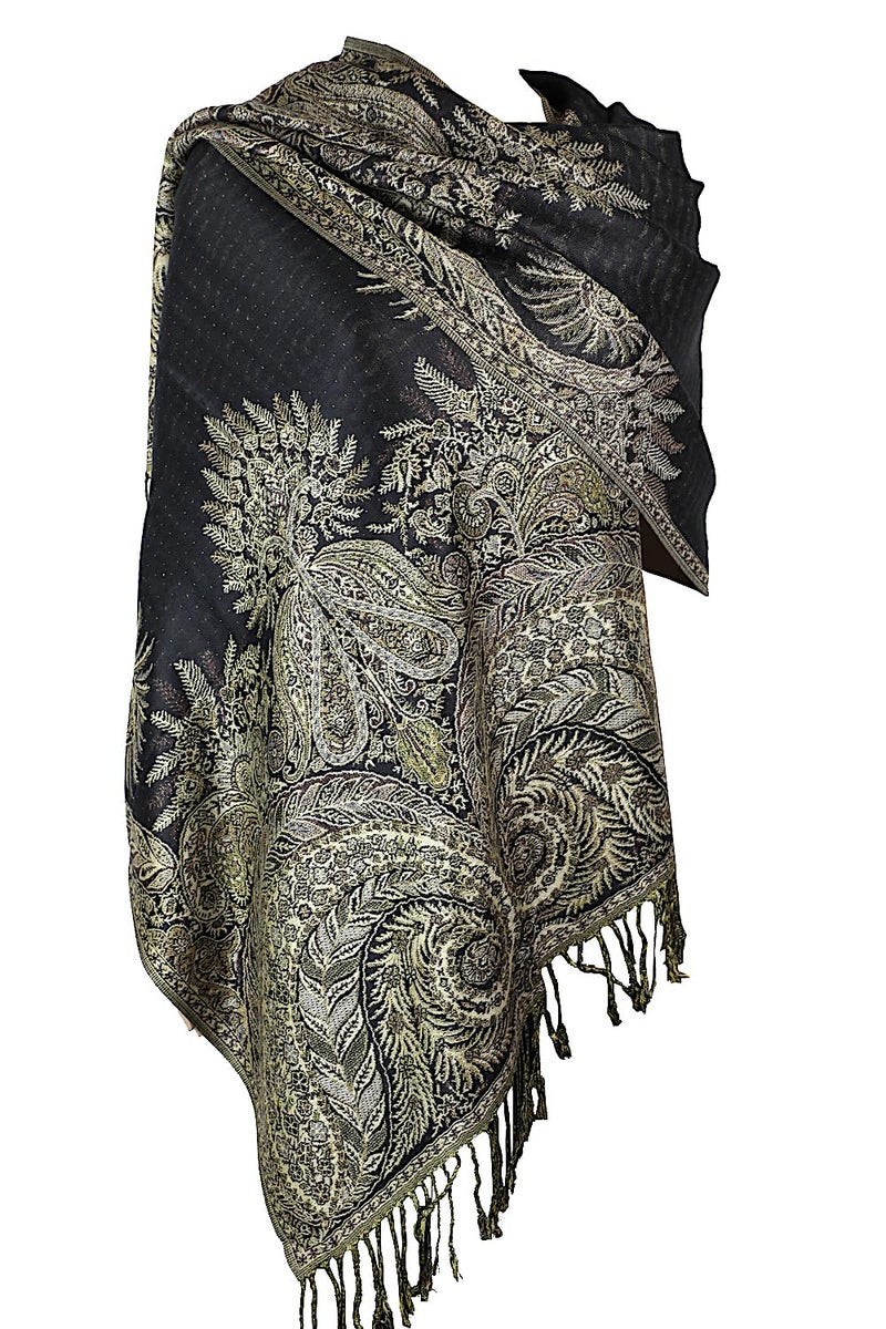 Achillea Luxurious Double Layered Jacquard Big Paisley Pashmina Shawl Wrap Scarf (Black) - Image 1