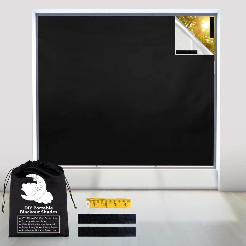 BCJJ 100% Portable Blackout Curtains - (157"" x 59"") Blackout Shades Cut to Size  Black Out Blinds for Window with Strong Hook & Loop Tabs  Travel Temporary Blackout Blinds for Nursery  Bedroom & Car - Image 1
