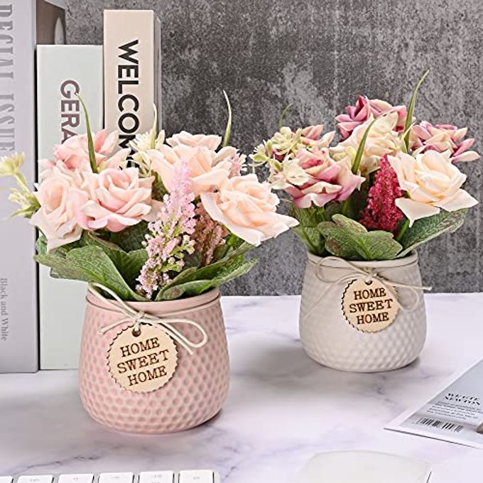 rayihni Artificial Flowers with Vase, 2pcs Pink Silk Roses in Pot, Fake Flowers Decoration in Ceramics Vase Faux Floral Arrangement for Table Centerpieces Spring/Summer Decor Home Office Farmhouse - Image 3