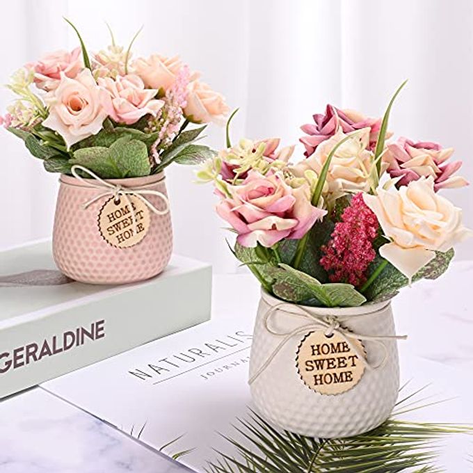 rayihni Artificial Flowers with Vase, 2pcs Pink Silk Roses in Pot, Fake Flowers Decoration in Ceramics Vase Faux Floral Arrangement for Table Centerpieces Spring/Summer Decor Home Office Farmhouse - Image 2