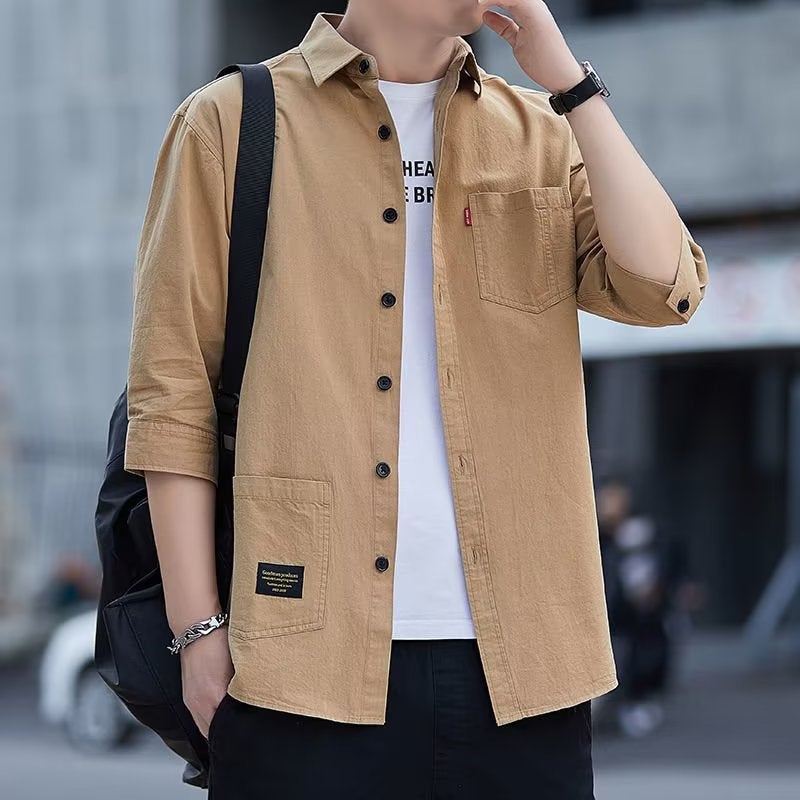 2025 Non-ironing Loosen Shirt Mens Long-sleeved Casual Workwear Shirt Spring and Autumn Coat Mens Fashion Cross-border khaki [714 Seven-point Shirt]]