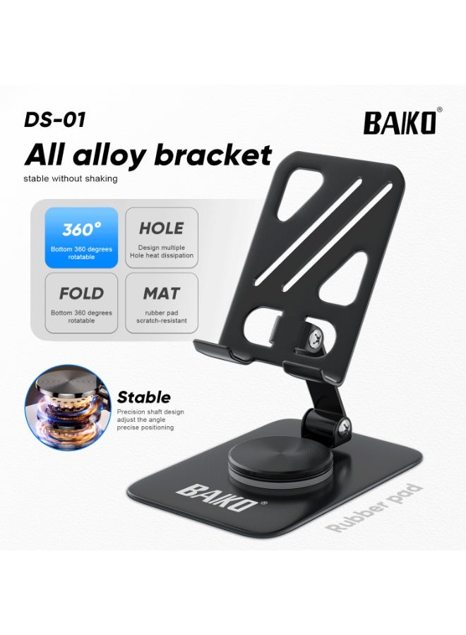 BAIKO DS01 All Alloy Adjustable Phone Stand with 360° Rotating Base, 180° Angle Adjustable Desktop Mobile Holder, Foldable Metal Bracket Stand for iPhone, Samsung, Tablets, Office & Home Use - Image 1
