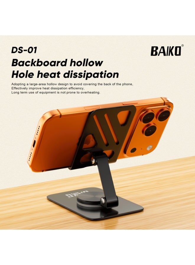 BAIKO DS01 All Alloy Adjustable Phone Stand with 360° Rotating Base, 180° Angle Adjustable Desktop Mobile Holder, Foldable Metal Bracket Stand for iPhone, Samsung, Tablets, Office & Home Use - Image 2