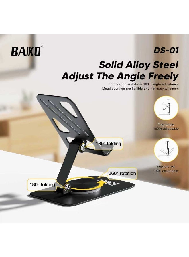 BAIKO DS01 All Alloy Adjustable Phone Stand with 360° Rotating Base, 180° Angle Adjustable Desktop Mobile Holder, Foldable Metal Bracket Stand for iPhone, Samsung, Tablets, Office & Home Use - Image 3